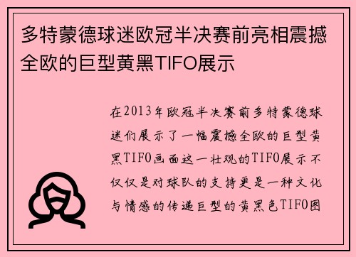 多特蒙德球迷欧冠半决赛前亮相震撼全欧的巨型黄黑TIFO展示