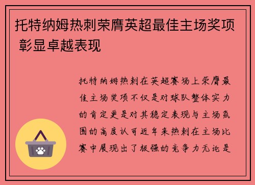 托特纳姆热刺荣膺英超最佳主场奖项 彰显卓越表现